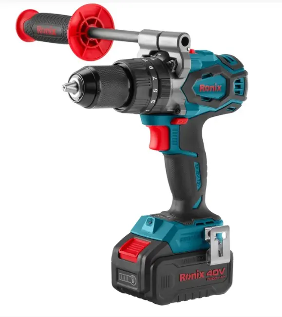 TALADRO PERCUTOR INALAMBRICO BRUSHLESS (SIN CARBON) 40 V MANDRIL 13MM 2100 RPM 150Nm LUZ LED C/ 2 BAT. 2.0 AH + CARG Y MALETIN REF. 8905-40V MARCA RONIX