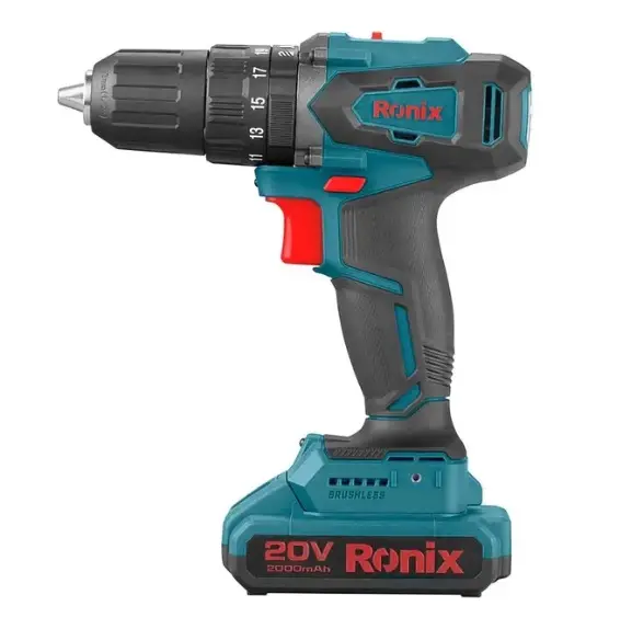 TALADRO PERCUTOR INALAMBRICO BRUSHLESS (SIN CARBON) 20 V MANDRIL 13MM 1700 RPM 45Nm LUZ LED C/ 2 BAT. 2.0 AH + CARG Y MALETIN REF. 8900K MARCA RONIX