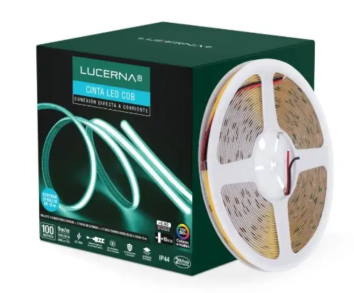 CINTA LED TIPO COB 10M LUZ FRIA 6500 K 120V IP44 11W/M 950L/M DIMERIZABLE C/3CON+3TP S/ DRIVER REF. CINTACOB10M6K / 93079095 MARCA LUCERNA