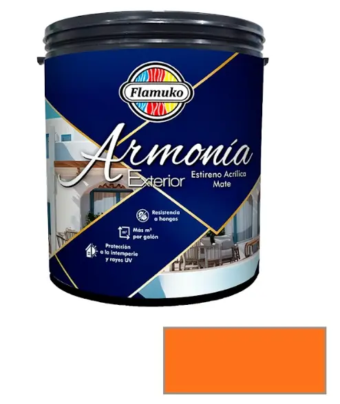 PINTURA CAUCHO ARMONIA PARA EXTERIOR CLASE "A" COLOR NARANJA VIVO 1 GL REF. ARM-582-131 MARCA FLAMUKO