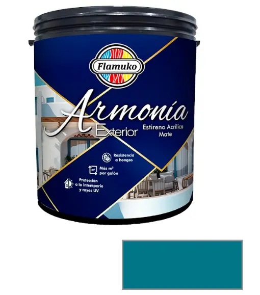 PINTURA CAUCHO ARMONIA PARA EXTERIOR CLASE "A" COLOR TURQUESA REAL 1 GL REF. ARM-582-495 MARCA FLAMUKO