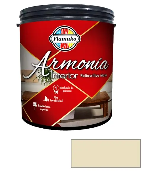 PINTURA CAUCHO ARMONIA PARA INTERIOR CLASE "A" COLOR MARFIL SUAVE 1 GL REF. ARM-072-141 MARCA FLAMUKO