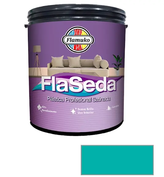 PINTURA CAUCHO FLASEDA SATINADO PARA INTERIOR CLASE "A" COLOR VERDE SUEÑO 1 GL REF. FLA-355-2502 MARCA FLAMUKO