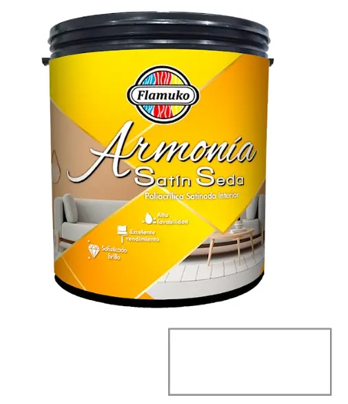 PINTURA CAUCHO ARMONIA SATIN SEDA PARA INTERIOR CLASE "A" COLOR BLANCO 1 GL REF. ARM-085-001 MARCA FLAMUKO