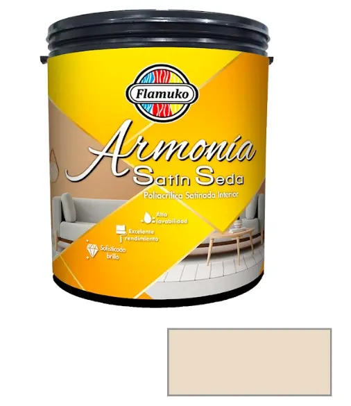 PINTURA CAUCHO ARMONIA SATIN SEDA PARA INTERIOR CLASE "A" COLOR MELON SUAVE 1 GL REF. ARM-085-040 MARCA FLAMUKO