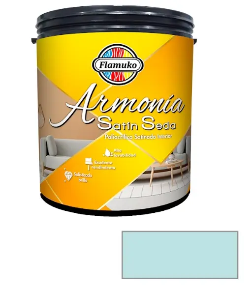 PINTURA CAUCHO ARMONIA SATIN SEDA PARA INTERIOR CLASE "A" COLOR AZUL MANANTIAL 1 GL REF. ARM-085-2414P MARCA FLAMUKO