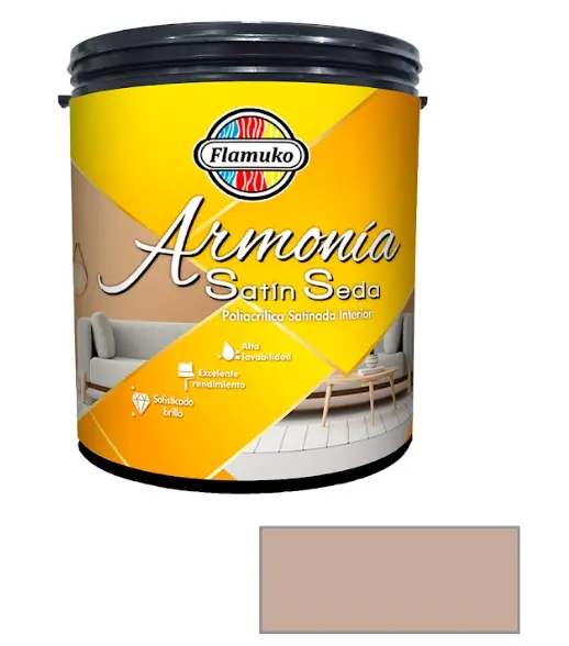 PINTURA CAUCHO ARMONIA SATIN SEDA PARA INTERIOR CLASE "A" COLOR RAFIA 1 GL REF. ARM-085F016-1 MARCA FLAMUKO