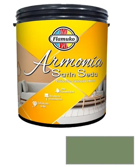 PINTURA CAUCHO ARMONIA SATIN SEDA PARA INTERIOR CLASE "A" COLOR VERDE HOJA 1 GL REF. ARM-085-2606T MARCA FLAMUKO