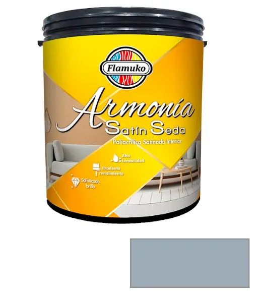 PINTURA CAUCHO ARMONIA SATIN SEDA PARA INTERIOR CLASE "A" COLOR GRIS MIRANDA 1 GL REF. ARM-085-2975P MARCA FLAMUKO