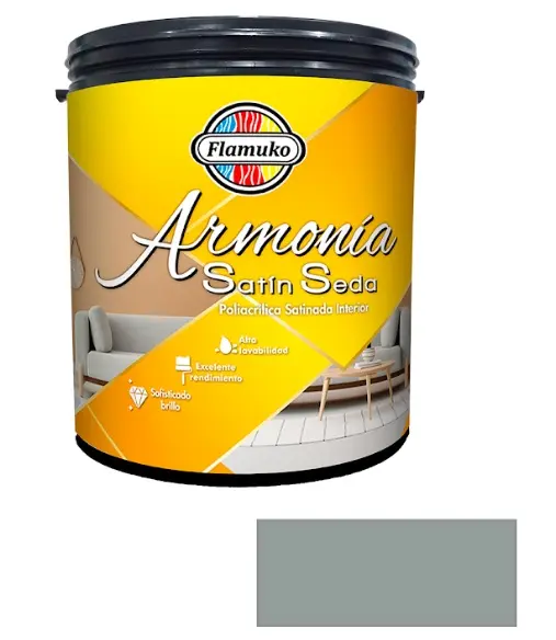 PINTURA CAUCHO ARMONIA SATIN SEDA PARA INTERIOR CLASE "A" COLOR GRIS PERLA 1 GL REF. ARM-085-3004P MARCA FLAMUKO