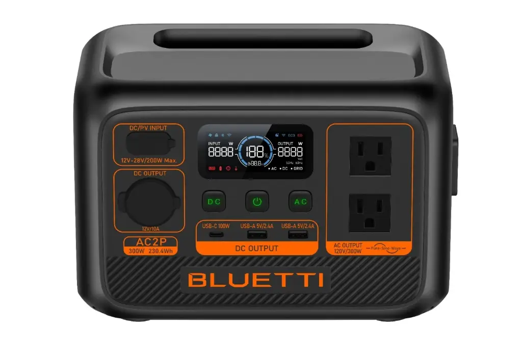 ESTACION DE CARGA 300W 230Wh 120 V 2 TOM USB 1 C + 2 A + CAB. CARG. AC + CAB. CARG. SOLAR (S/PANEL SOLAR) MOD. AC2P REF. P-AC2P-US-GY-BL-010 / EEP01001 MARCA BLUETTI