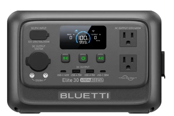 ESTACION DE CARGA 600W 320Wh 120 V 2 TOM USB 2 C + 2 A + 2 DC + CAB. CARG. AC + CAB. CARG. SOLAR (S/PANEL SOLAR) MOD. PREMIUN 30 V2 REF. P-PR30V2USGYBL-010 / EEP01006 MARCA BLUETTI