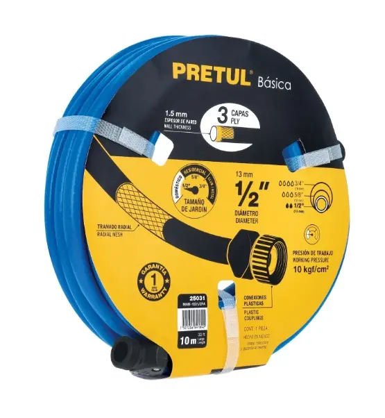 MANGUERA CULEBRA 1/2" X 10 MTS REFORZADA 3 CAPAS C/CONEXIONES PLASTICAS MOD. MAN-10X1/2PA REF. 25031 MARCA PRETUL