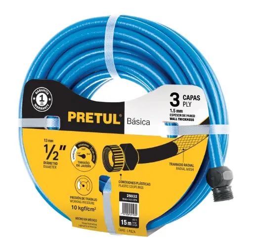 MANGUERA CULEBRA 1/2" X 15 MTS REFORZADA 3 CAPAS C/CONEXIONES PLASTICAS MOD. MAN-15X1/2PA REF. 25032 MARCA PRETUL