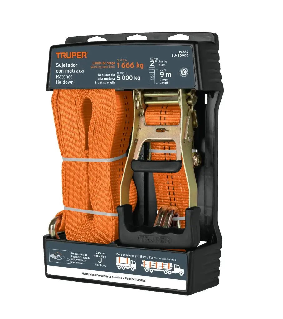 CORREA AMARRE CON RATCHET ( CINCHO ) DE 9 MTS HASTA 5000 KG MOD SU-5000C REF. 19287 MARCA TRUPER 