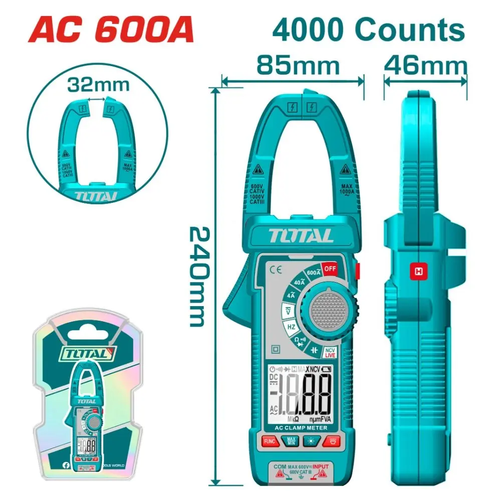 TESTER PINZA / MULTIMETRO AC DIGITAL 600V 4000 CUENTAS REF. TMT766001 MARCA TOTAL TOOLS
