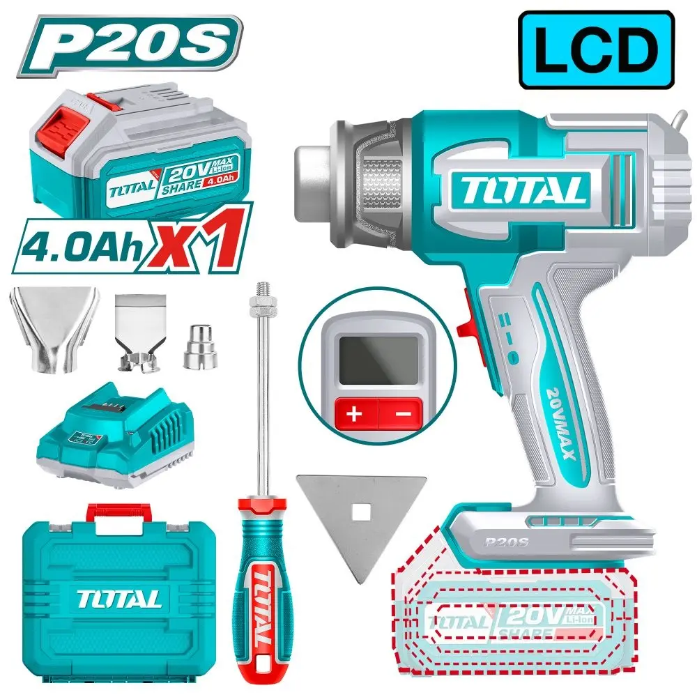 PISTOLA DE CALOR INALAMBRICA 20V MAX 550°C LCD C/MALT+BAT+CARG+BOQ+RASP REF. UTBLI20035 MARCA TOTAL TOOL