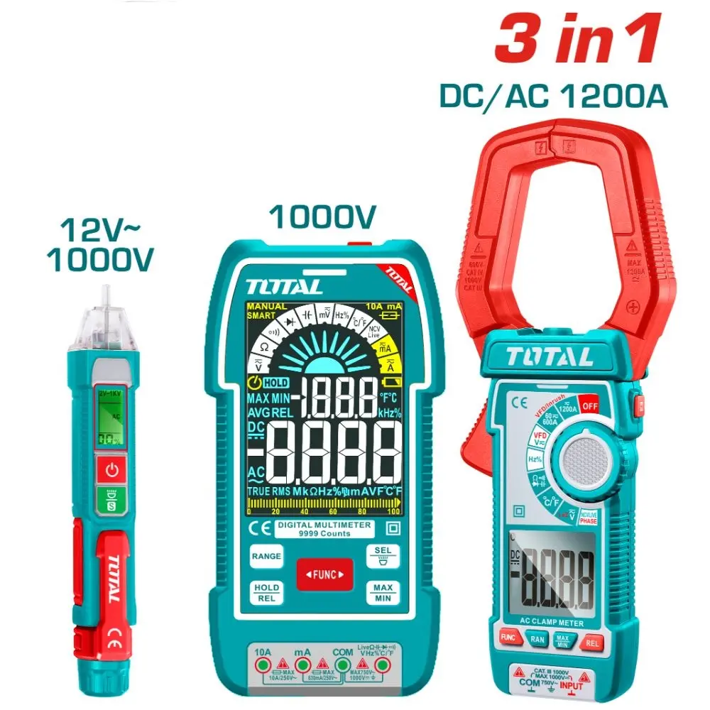 JUEGO ELECTRICISTA MULTIMETRO 1000 V + PINZA AMP. 1200 A + DETEC. VOLTAJE 12V REF. TOS24069 MARCA TOTAL TOOLS