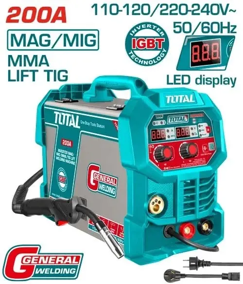 MAQUINA DE SOLDAR INVERTER DC 200 AMP EN 110 - 240V MONOF MAG/MIG/MMA/LIFT TIG REF. UTMGT20058 TOTAL TOOLS