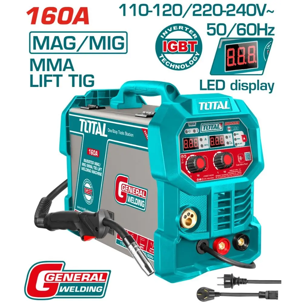 MAQUINA DE SOLDAR INVERTER DC 200 AMP EN 110 - 240V MONOF MAG/MIG/MMA/TIG REF. UTMGT20058 TOTAL TOOLS