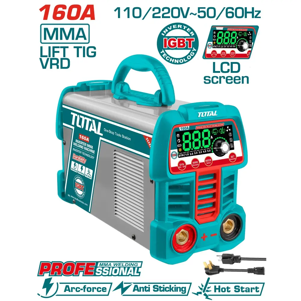 MAQUINA DE SOLDAR INVERTER DC 160 AMP 60% EN 110 - 220V MONOF MMA/LIFT TIG/VRD REF. UTW216069 TOTAL TOOLS