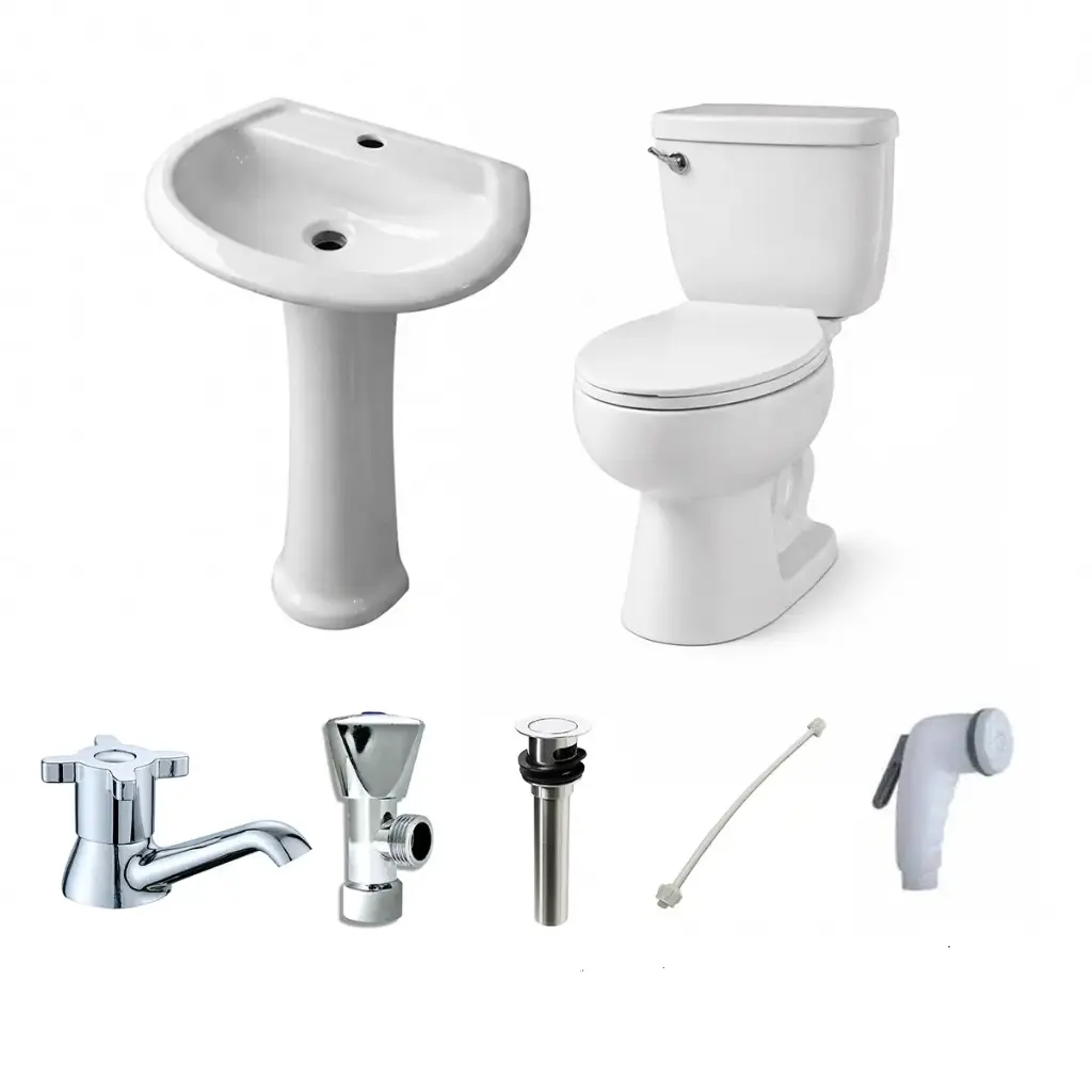 SALA DE BAÑO KIT WC C/TANQ. +TAPA ASIEN. IND-09 + LAV. C/PED. LAV-09+PED-09 COLOR BLANCO INCLUYE ( GRIF. INDIV. LLA-110 +ARRESTO LLA-34 +DESAG. LAV DES-09 +CANILLA PVC 1/2x1/2X40CM" TUB-08+ DUCHA TELEF DUC-100) REF. KIT-116 MARCA ITALGRAFIC / UNIQUE