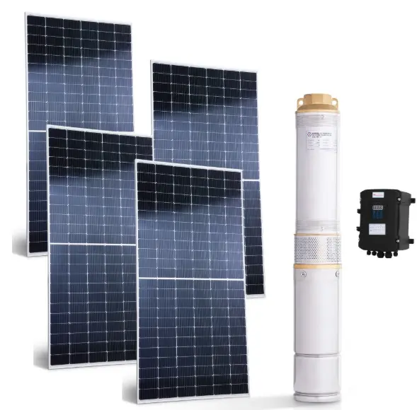 BOMBA SUMERGIBLE SOLAR DE 1.7 HP 1 1/2" DC 72 V AGUAS LIMPIAS ACERO INOX. 192 LTS/MIN 53MTS C/ CONTR BOX + 20M CABLE + 4 PAN 450W REF. 25-DSS-170-53 MARCA DOMOSA