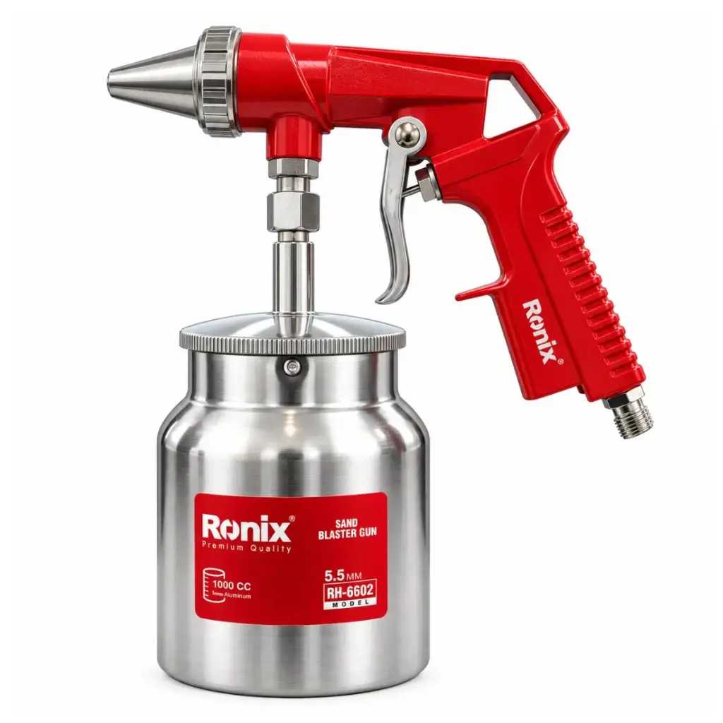 PISTOLA PARA LIMPIAR SUPERFICIES C/ CHORRO DE ARENA BOQ. 5.5 MM ENVASE METALICO 1000 CC 150 PSI REF. RH-6602 MARCA RONIX
