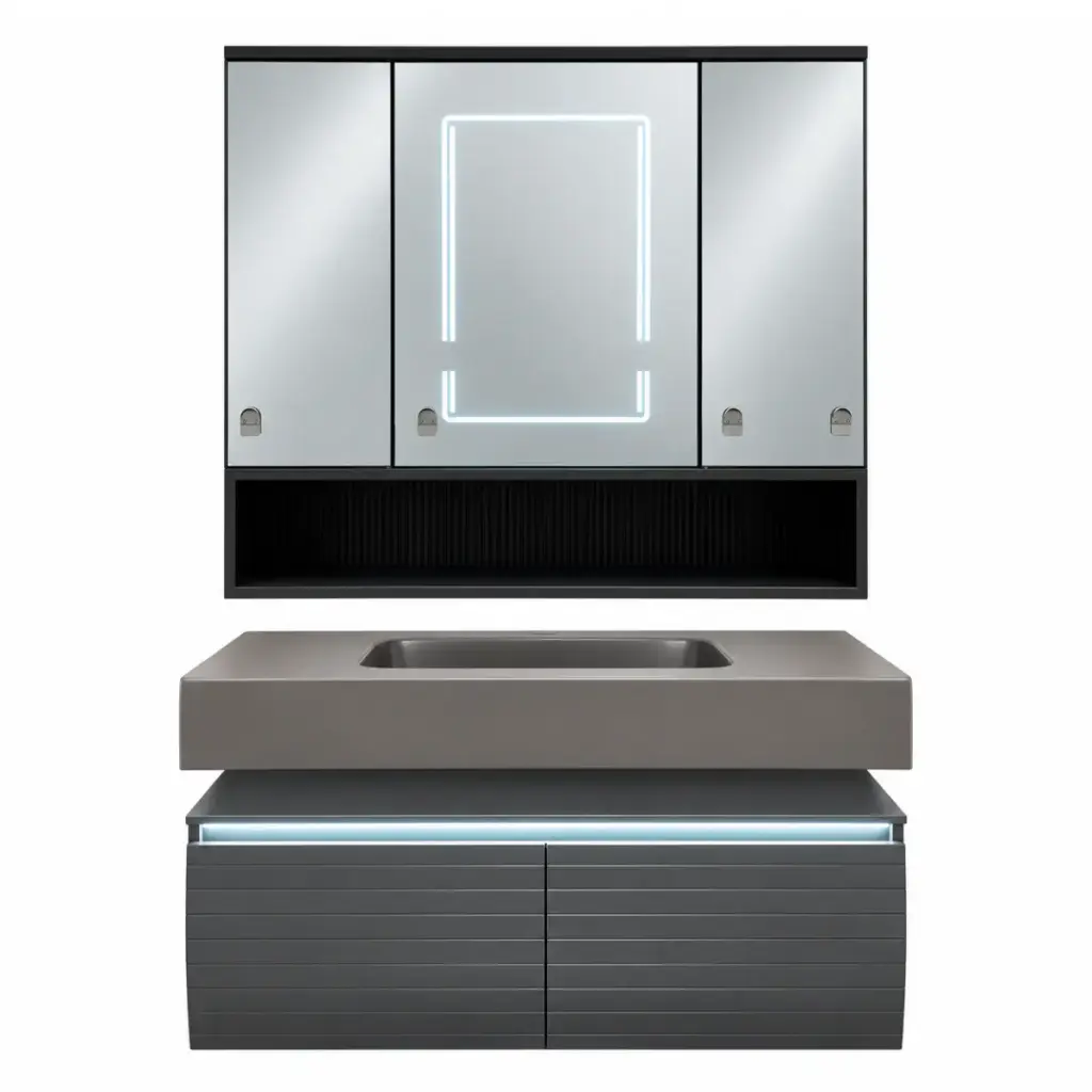 MUEBLE PARA BAÑO EN MELAMINA 100 X 55 X 37 CM C/ ESPEJO LATERALES CON BISAGRA + ESPEJO CENTRAL LED PUSH TO OPEN C/SENSOR TOUCH + LAVAMANO C/ GRIS PLOMO REF. MOD. JZ-5244 REF. 12-0193 MARCA ZAXON