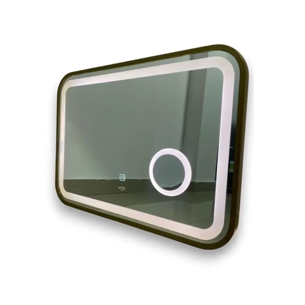 ESPEJO LED DE BAÑO RECTANGULAR HORIZONTAL 50 X 70 CM 3CCT SENSOR TOUCH PUNTAS REDONDEADAS Y CIRCULO CON AUMENTO MARCO C/ DORADO COD. JZ-5085 REF. 13-0042 MARCA ZAXON