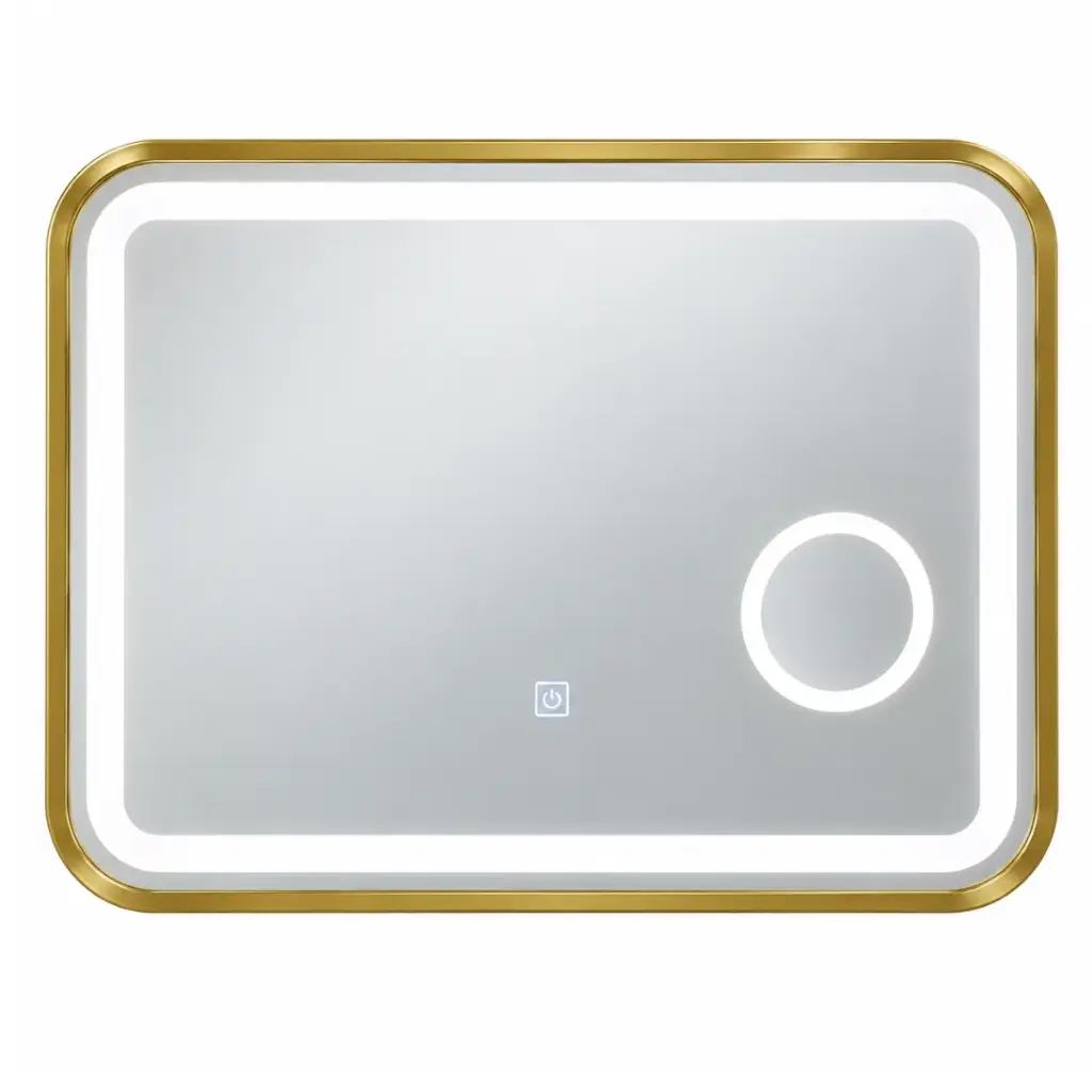 ESPEJO LED DE BAÑO RECTANGULAR HORIZONTAL 50 X 70 CM 3CCT SENSOR TOUCH PUNTAS REDONDEADAS Y CIRCULO CON AUMENTO MARCO C/ DORADO COD. JZ-5085 REF. 13-0042 MARCA ZAXON