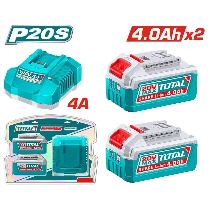 JUEGO DE 2 BATERIA DE LITIO DE 4A 4AH + CARGADOR RAPIDO 20V REF. UTFBCPK2013 MARCA TOTAL TOOLS