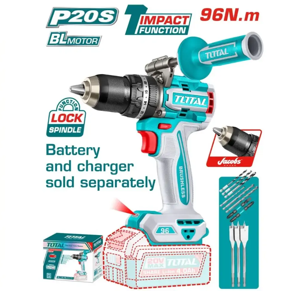 TALADRO INALAMBRICO COMPACTO 1/2" 20 V 96 Nm 2000 RPM LUZ LED C/3 BRO. PLANAS+3 BRO. MANPOSTERIA+3 BRO. HSS S/BAT. NI CARG. REF. TIDLI209685 TOTAL TOOLS