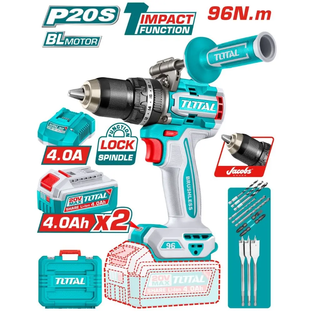 TALADRO INALAMBRICO COMPACTO 1/2" 20 V 96 Nm 2000 RPM LUZ LED C/MALET+1CAR+2BAT+3 BRO. PLANAS PARA MADERA 16, 19 y 22 MM REF. UTIDLI209686 TOTAL TOOLS