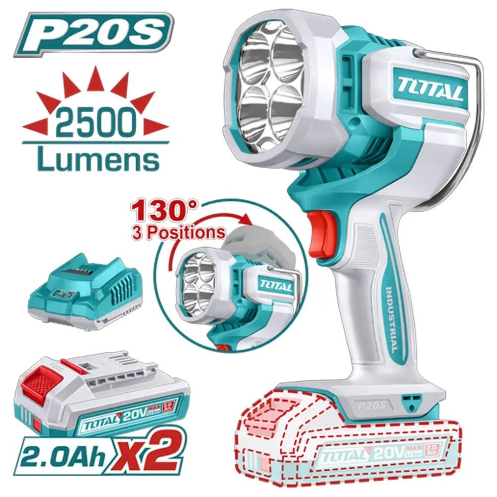 LINTERNA INALAMBRICA 20 V 22.5 W 3 NIVELES DE INTENSIDAD ( 2500 LM - 1400 LM - 800 LM) GIRO 130° C/ 2 BATERIA 2.0 Ah + CARGADOR REF. UTWLI20887 MARCA TOTAL TOOLS