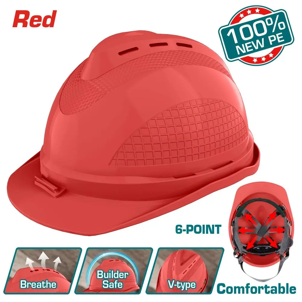 CASCO DE SEGURIDAD 380 GRS 6 PUNTO SUSPENSION AJUSTE CON BOTON DE TRINQUETE COLOR ROJO REF. TSP8604 MARCA TOTAL TOOLS