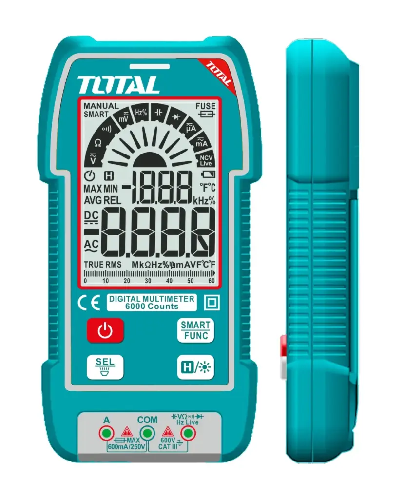 MULTIMETRO DIGITAL AC / DC 600 V - 6000 CUENTAS RETENCION FECHA C/ 1 JGO. CAB. DE PRUEBA + 3 BTA. AAA REF. TMT516004 MARCA TOTAL TOOLS