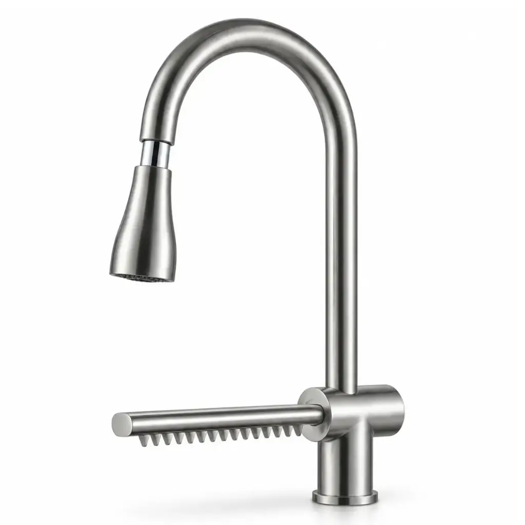 GRIFERIA FREGADERO MONOMANDO FLEXIBLE PICO CASCADA SATINADA DORADA REF. GFS-0229 MARCA AQUAL 