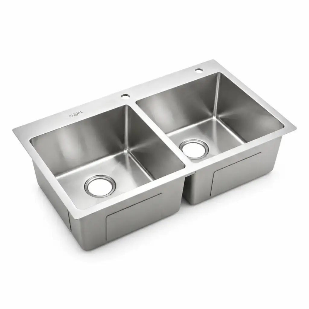 FREGADERO 2 TINA ACERO INOX TOPE / EMPOTRAR 82 X 45 X 22 CM SATINADO C/ SIFON + DESAGUE REF. FSS-0264 MARCA AQUAL