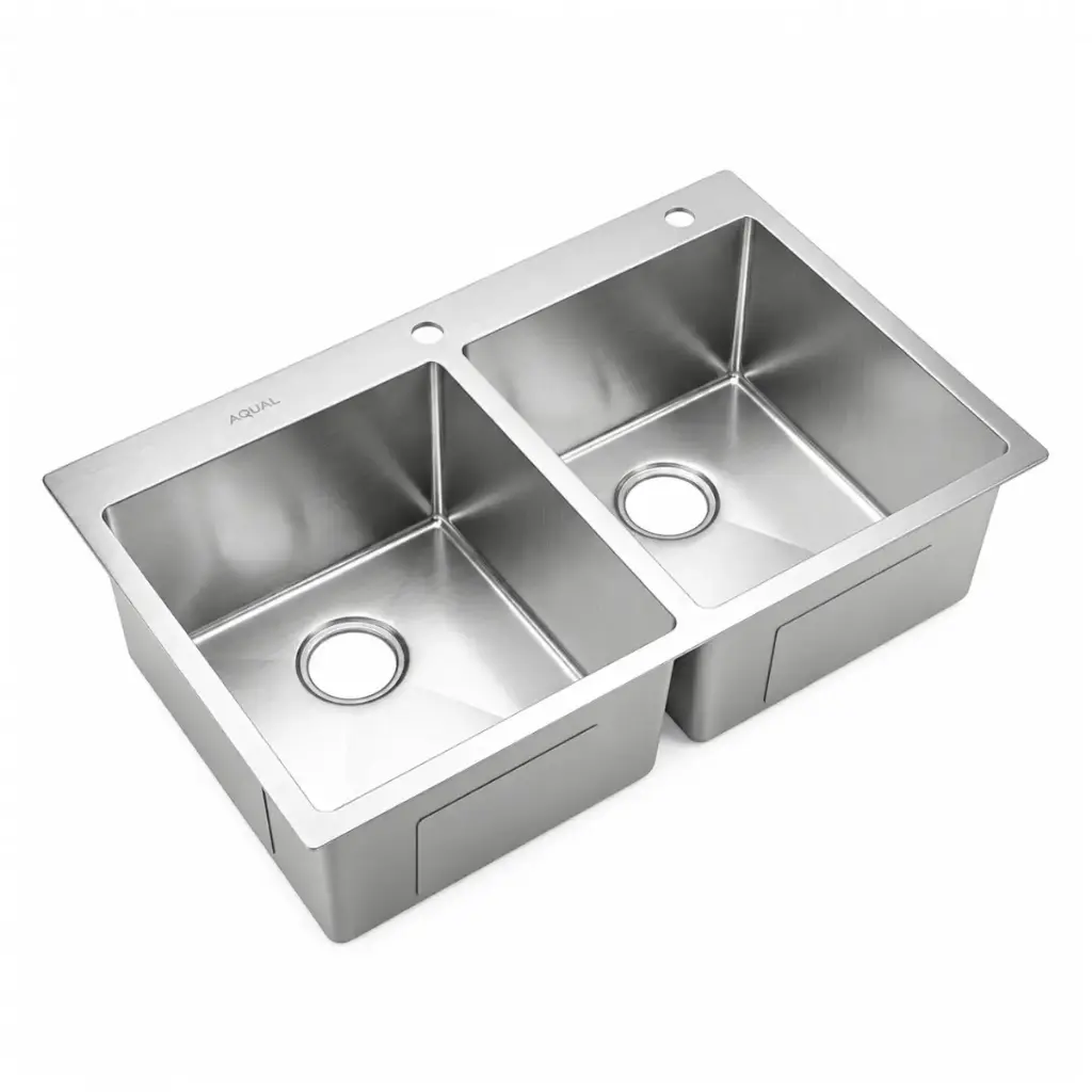 FREGADERO 2 TINA ACERO INOX TOPE / EMPOTRAR 84 X 53 X 22 CM SATINADO C/ SIFON + DESAGUE REF. FSS-0262 MARCA AQUAL