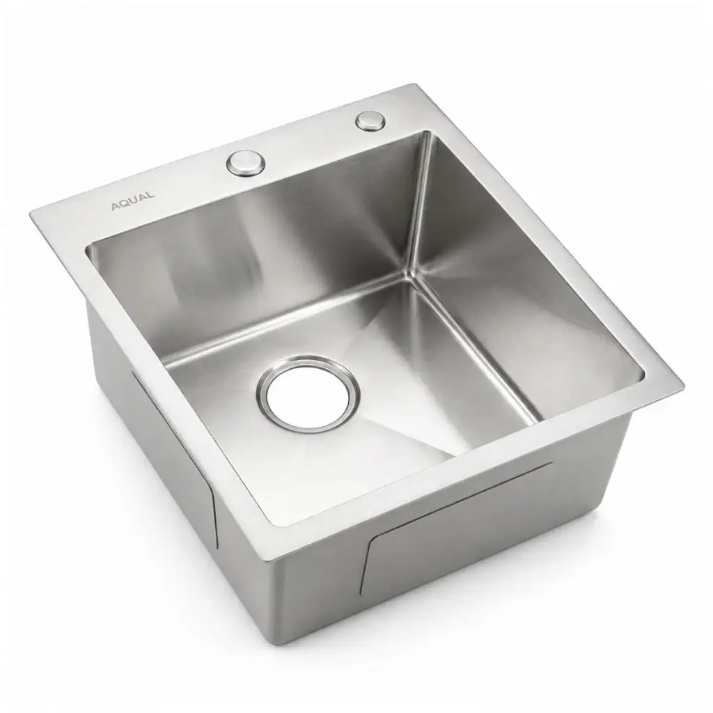 FREGADERO 1 TINA ACERO INOX TOPE / EMPOTRAR 45 X 53 X 22 CM SATINADO C/ SIFON + DESAGUE REF. FSS-0256 MARCA AQUAL