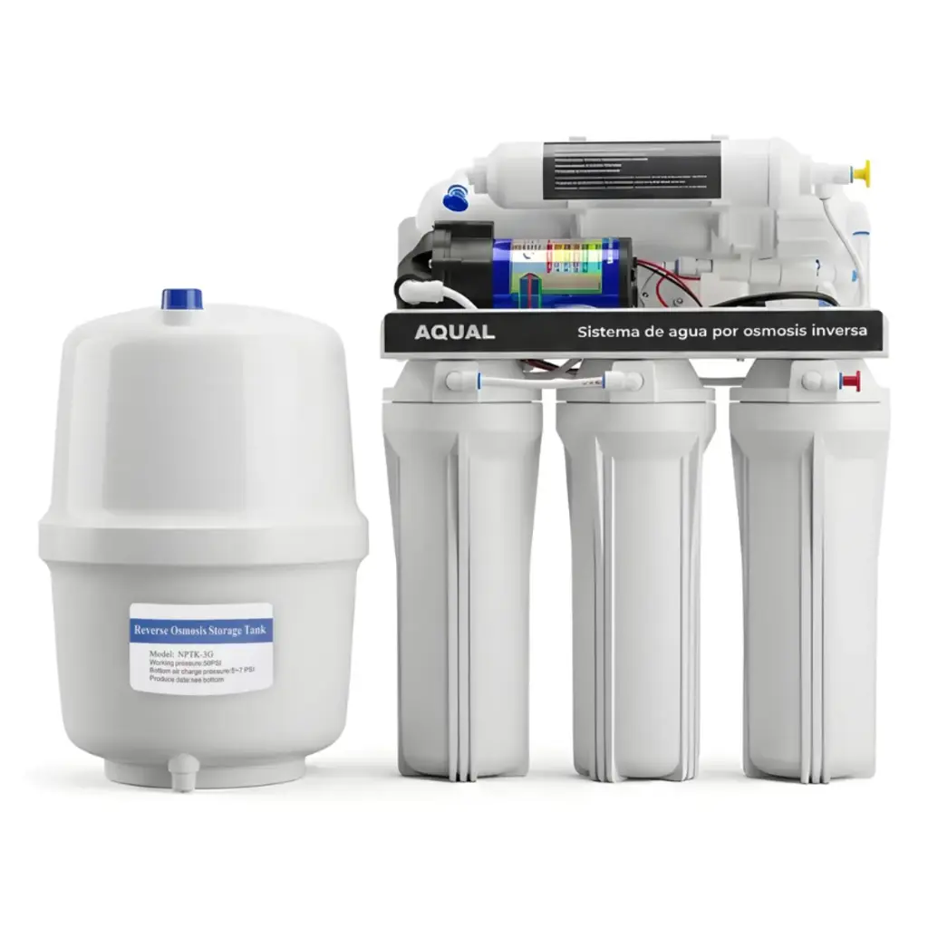 FILTRO DE AGUA / PURIFICADOR POR OSMOSIS INVERSA DE 5 ETAPAS 50GPD C/ TANQ. 3G 110-220 V S/PANTALLA REF. SO5-0165 MARCA AQUAL