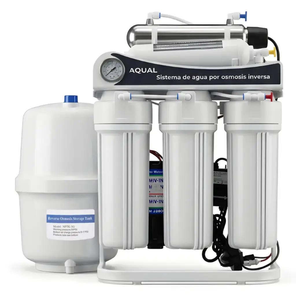 FILTRO DE AGUA / PURIFICADOR POR OSMOSIS INVERSA DE 7 ETAPAS 50GPD (1 LAMPARA UV 12W) C/ TANQ. 3G + SOPORTE + MEDIDOR 110-220 V S/ PANTALLA REF. SO7-0166 MARCA AQUAL