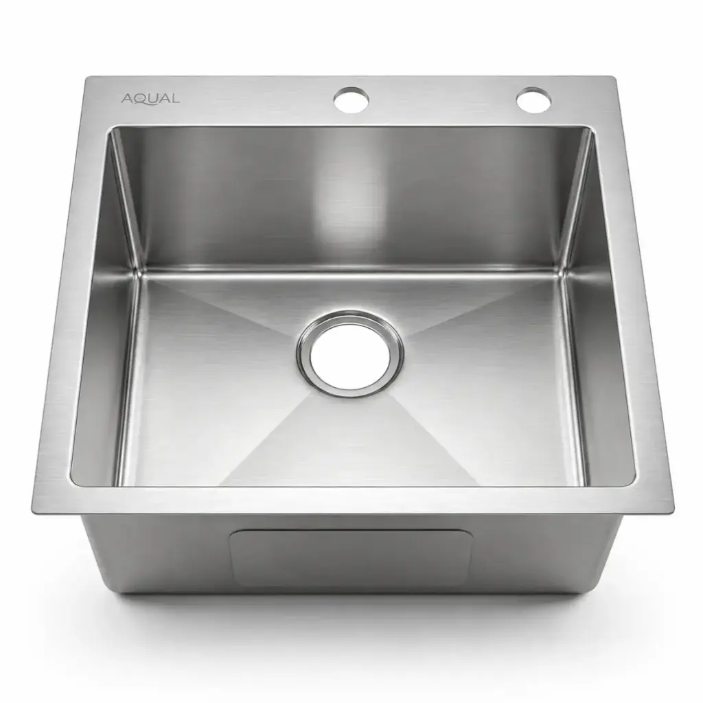 FREGADERO 1 TINA ACERO INOX SOBRE TOPE 53 X 53 X 22 CM SATINADO C/ SIFON + DESAGUE SIN CAJA REF. FSS-0254 MARCA AQUAL