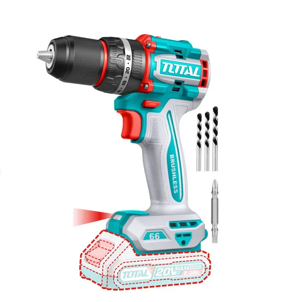 TALADRO INALAMBRICO DE IMPACTO 1/2" 20V 66 Nm 2000 RPM LUZ LED (NO INCLUYE CARGADOR-BATERIA) C/ 1 BROCA CR-V 65 MM + 3 BROCAS MAMPOSTERIA REF. TIDLI206681 TOTAL TOOLS