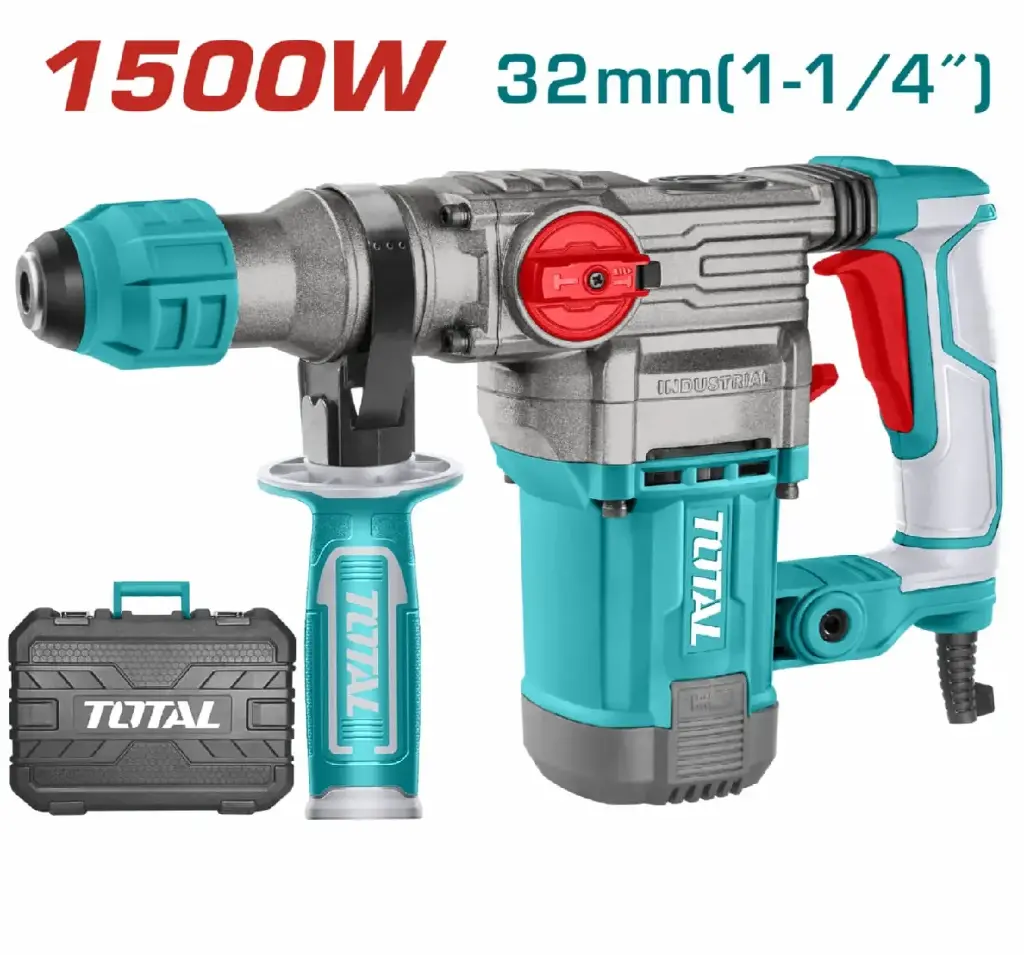 ROTOMARTILLO INDUSTRIAL SDS PLUS 1 1/4" 1500W 4500 BPM 5.5J 950 RPM 110-120V 50-60HZ C/ MALETIN + 3 BROC + 2 CINCELES REF. UTH1153256 TOTAL TOOLS 