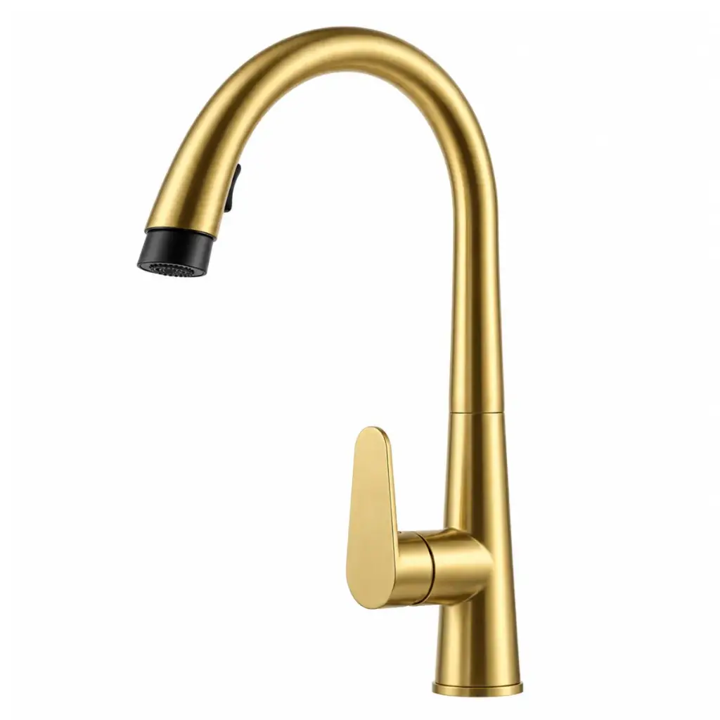 GRIFERIA MONOMANDO P/ FREGADERO SATINADA DORADA PICO EXTRAIBLE REF. GFD-0242 MARCA AQUAL