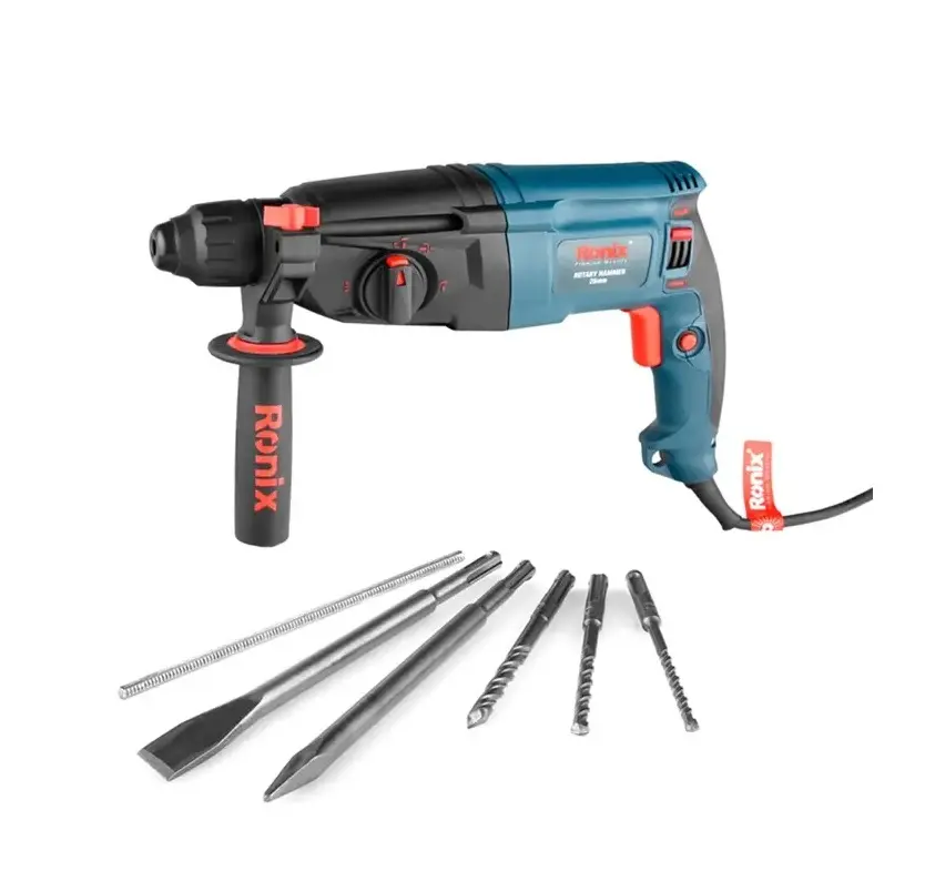ROTOMARTILLO 800 W SDS PLUS 26 MM 110 V 3 J 1100 RPM C/MALETIN+ 3 BROCAS ( 6 X 150 MM , 8 X 150MM , 10 X 150 MM )+ CINCEL PLANO Y DE PUNTA REF. 2701V MARCA RONIX