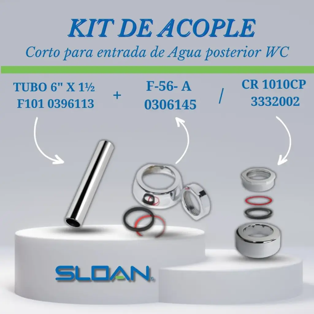 KIT DE ACOPLE CORTO P/ENTRADA DE AGUA POSTERIOR WC INDUSTRIAL 3PZAS (TUBO RECTO 1/2" MOD. F101 0396113+ 2 CONECT. (F-56-A 0306145+CR 1010CP 3332002)) REF. KCO-001 MARCA SLOAN 