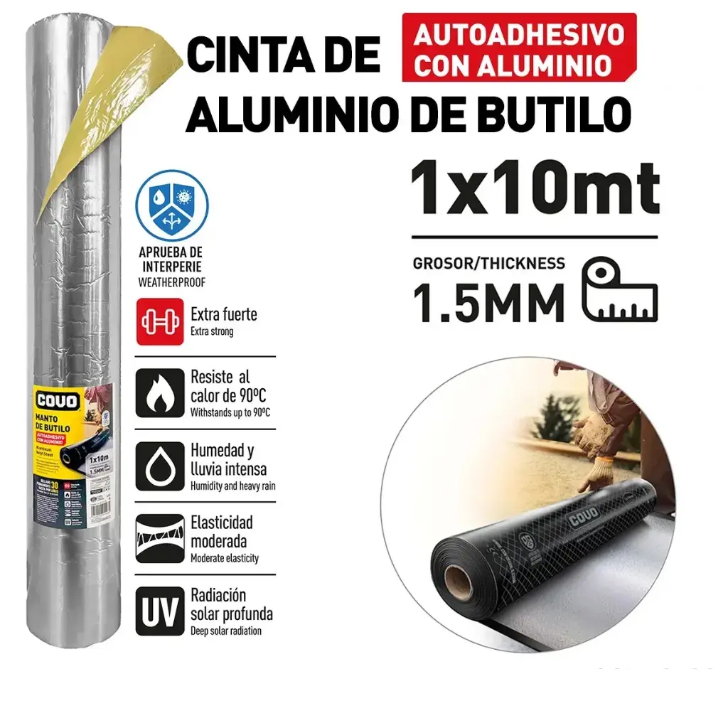 MANTO DE BUTILO CON RECUBRIMIENTO DE ALUMINIO 1.5 MM ESPESOR 1 X 10 MTS AUTOADHESIVO REF. 10120302 / 13500 MARCA COVO